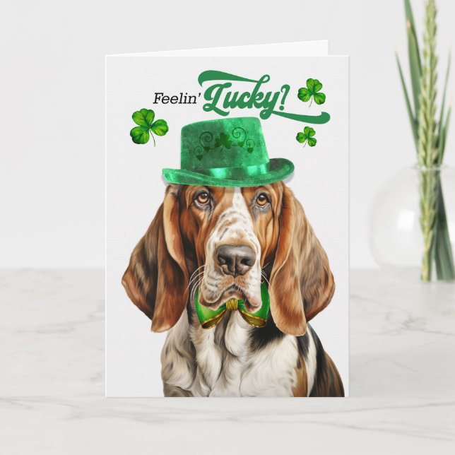 Basset Hound Dog Feelin' Lucky St Patrick's Day Holiday Card (Front)