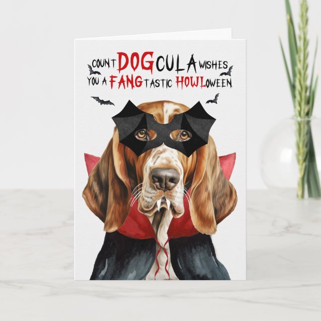 Basset Hound Dog Funny Count DOGcula Halloween Holiday Card (Front)