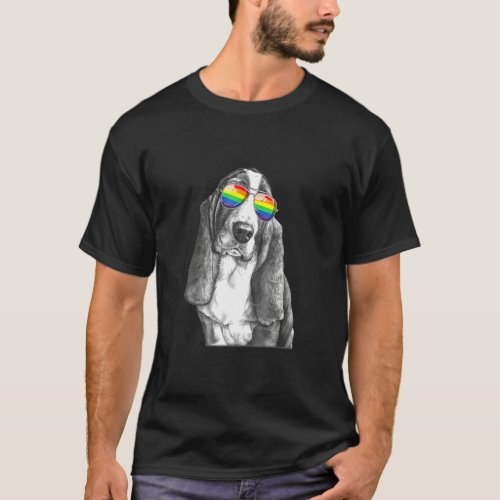 Basset hound Dog Gay Pride Flag Sunglasses LGBT  T_Shirt
