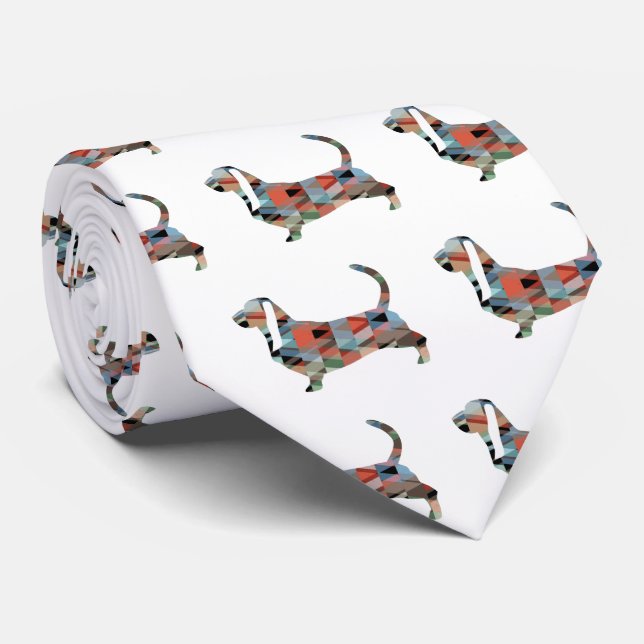 Basset Hound Dog Geometric Pattern Silhouette Neck Tie (Rolled)