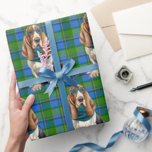 Basset Hound Dog in a Teal Scarf Monogrammed Wrapping Paper