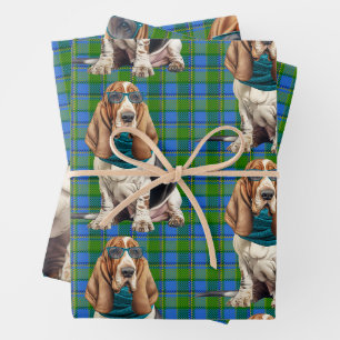 Basset Hound Dog in a Teal Scarf Monogrammed Wrapping Paper Sheets