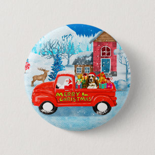 Basset Hound Dog in Christmas Delivery Truck Snow Button