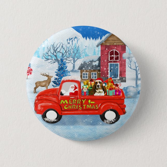 Basset Hound Dog in Christmas Delivery Truck Snow  Button (Front)