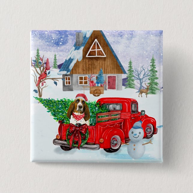 Basset Hound dog In Christmas Delivery Truck Snow  Button (Front)