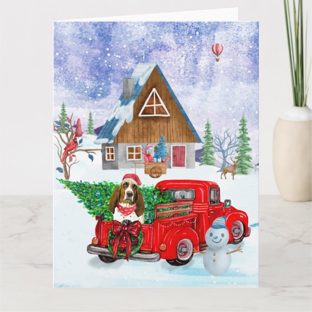Basset Hound dog In Christmas Delivery Truck Snow Card (Front)