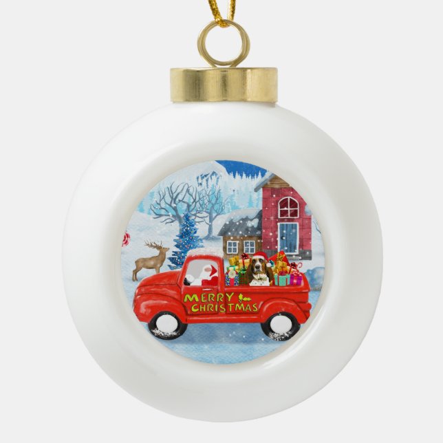 Basset Hound Dog in Christmas Delivery Truck Snow Ceramic Ball Christmas Ornament (Front)