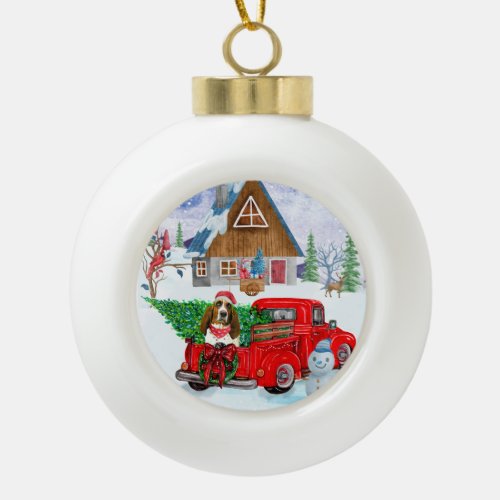 Basset Hound dog In Christmas Delivery Truck Snow Ceramic Ball Christmas Ornament