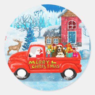 Basset Hound Dog in Christmas Delivery Truck Snow  Classic Round Sticker