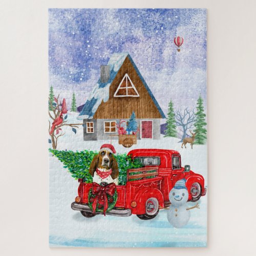 Basset Hound dog In Christmas Delivery Truck Snow Jigsaw Puzzle