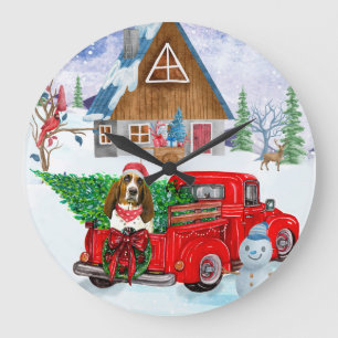 Basset Hound dog In Christmas Delivery Truck Snow Large Clock
