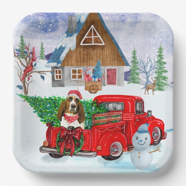 Basset Hound dog In Christmas Delivery Truck Snow  Paper Plates (Front)