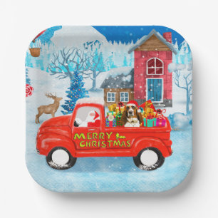 Basset Hound Dog in Christmas Delivery Truck Snow  Paper Plates