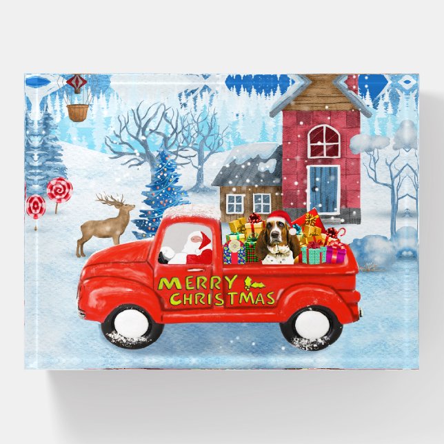 Basset Hound Dog in Christmas Delivery Truck Snow  Paperweight (Front)