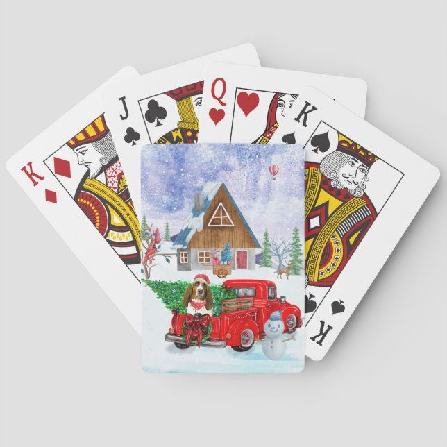 Basset Hound dog In Christmas Delivery Truck Snow Poker Cards (Back)