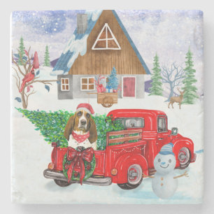 Basset Hound dog In Christmas Delivery Truck Snow Stone Coaster