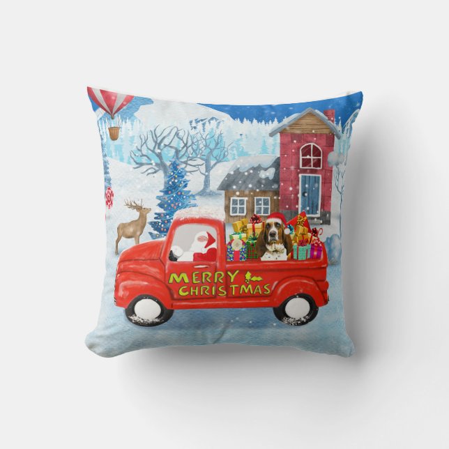 Basset Hound Dog in Christmas Delivery Truck Snow Throw Pillow (Front)