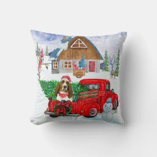 Basset Hound dog In Christmas Delivery Truck Snow Throw Pillow