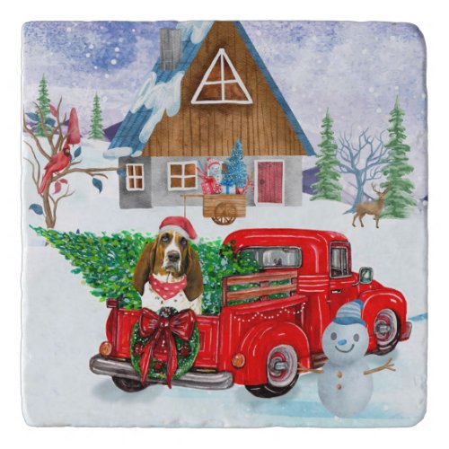 Basset Hound dog In Christmas Delivery Truck Snow  Trivet