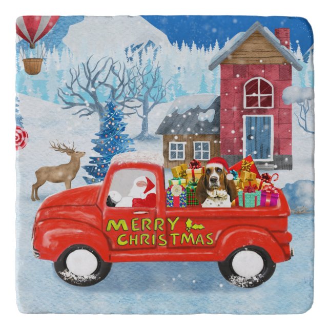 Basset Hound Dog in Christmas Delivery Truck Snow Trivet (Front)