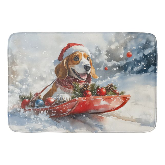 Basset Hound Dog in Sledge Let it Snow Christmas Bath Mat (Front)