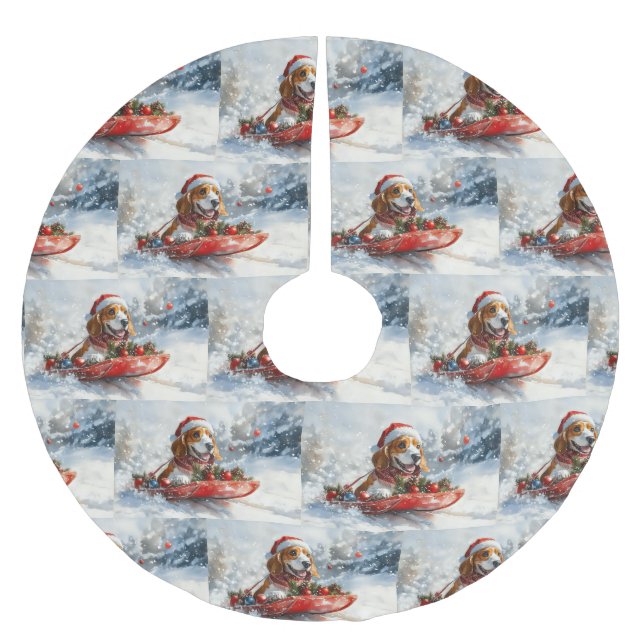 Basset Hound Dog in Sledge Let it Snow Christmas Brushed Polyester Tree Skirt (Front)