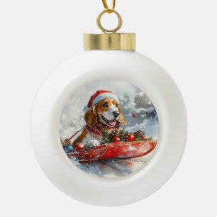 Basset Hound Dog in Sledge Let it Snow Christmas Ceramic Ball Christmas Ornament