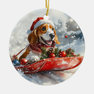 Basset Hound Dog in Sledge Let it Snow Christmas Ceramic Ornament