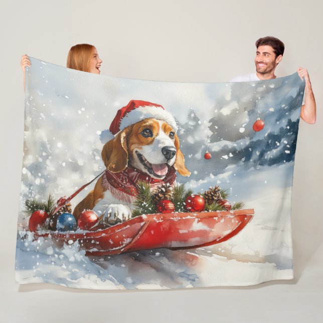 Basset Hound Dog in Sledge Let it Snow Christmas Fleece Blanket (In Situ)