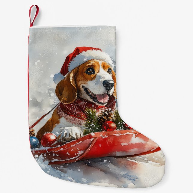 Basset Hound Dog in Sledge Let it Snow Christmas Small Christmas Stocking (Front)