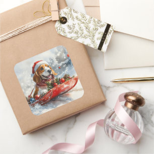 Basset Hound Dog in Sledge Let it Snow Christmas Square Sticker