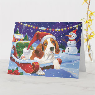 Basset Hound Dog in Sleigh Snow Christmas Card