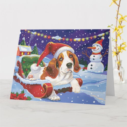 Basset Hound Dog in Sleigh Snow Christmas Card