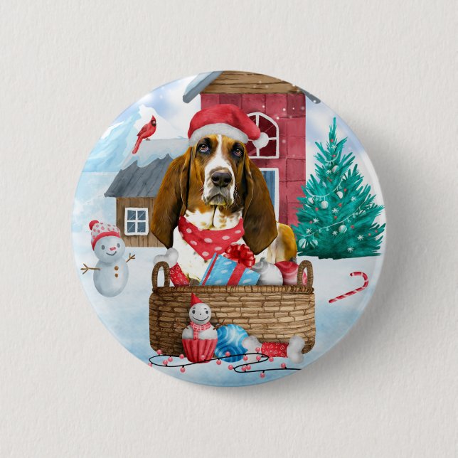 Basset Hound Dog In snow Christmas Dog House Button (Front)