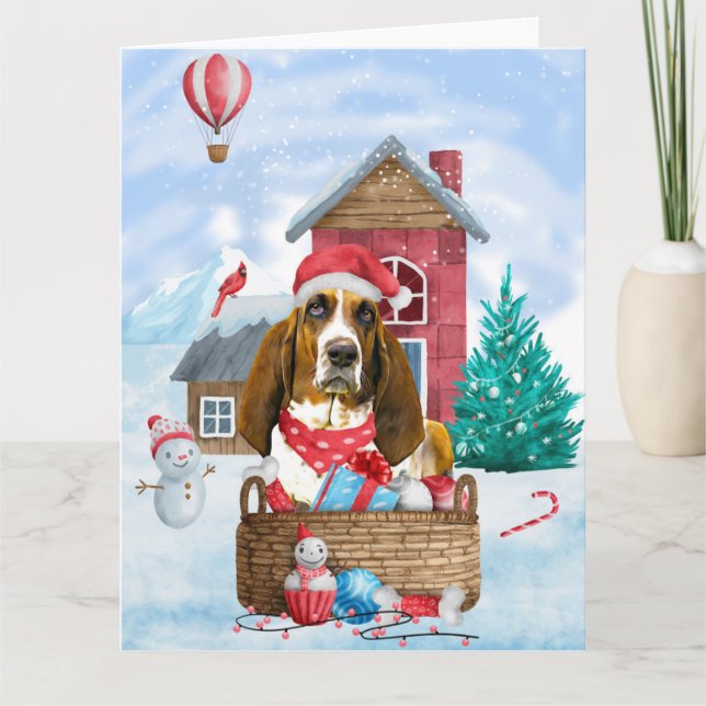 Basset Hound Dog In snow Christmas Dog House Card (Front)