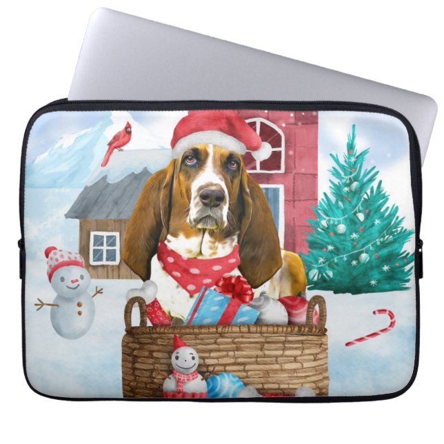 Basset Hound Dog In snow Christmas Dog House Laptop Sleeve (Front)