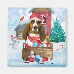 Basset Hound Dog In snow Christmas Dog House Magnet