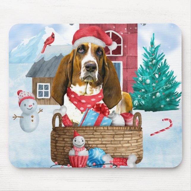 Basset Hound Dog In snow Christmas Dog House Mouse Pad (Front)