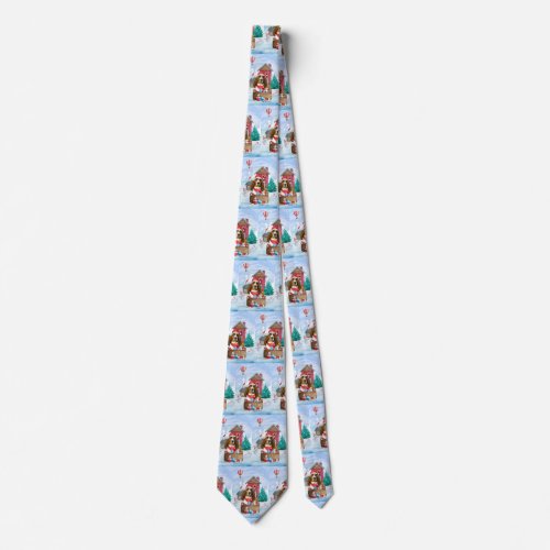 Basset Hound Dog In snow Christmas Dog House Neck Tie