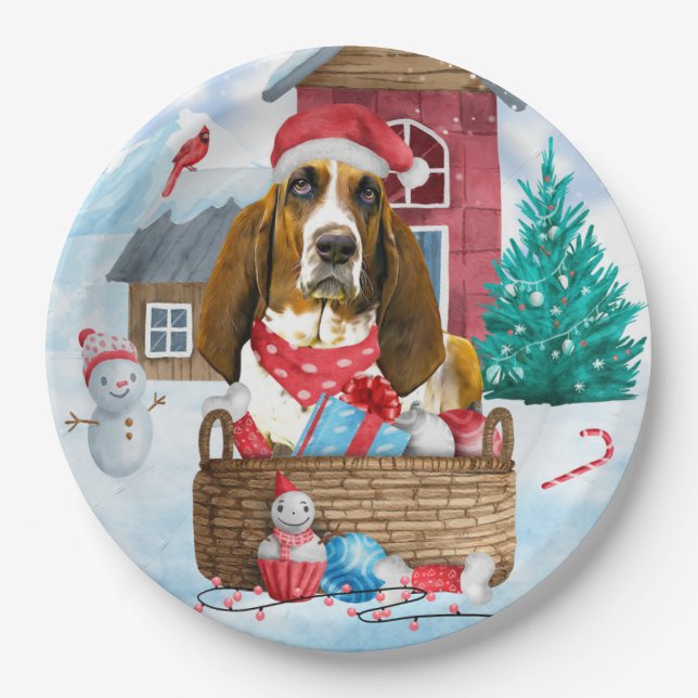 Basset Hound Dog In snow Christmas Dog House Paper Plates (Front)