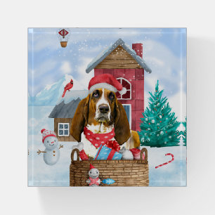 Basset Hound Dog In snow Christmas Dog House Paperweight
