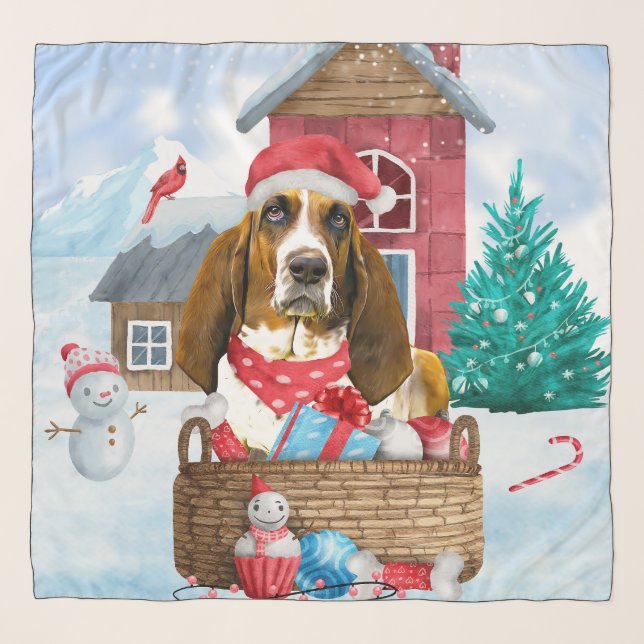 Basset Hound Dog In snow Christmas Dog House Scarf (Front)