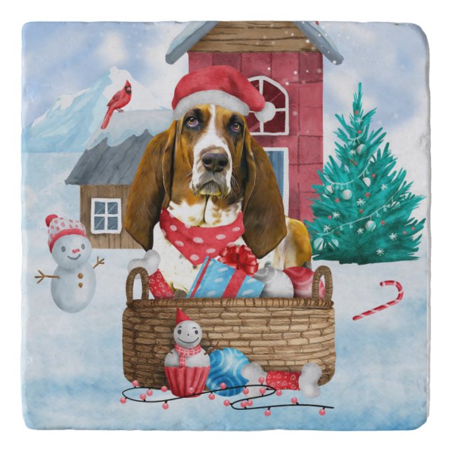 Basset Hound Dog In snow Christmas Dog House Trivet (Front)