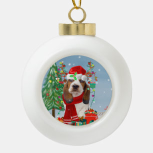 Basset Hound Dog in Snow with Christmas Gifts Ceramic Ball Christmas Ornament