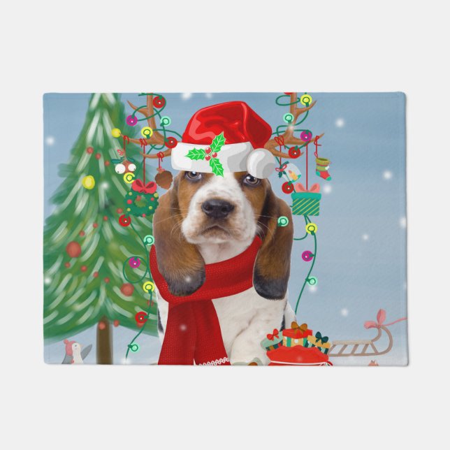 Basset Hound Dog in Snow with Christmas Gifts  Doormat (Front)