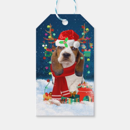 Basset Hound Dog in Snow with Christmas Gifts  Gift Tags