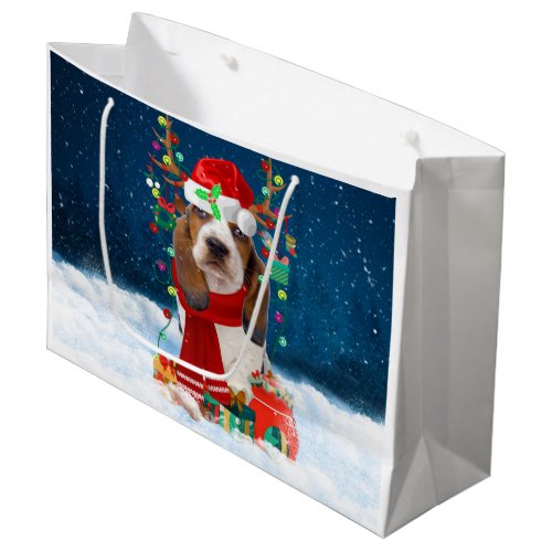 Basset Hound Dog in Snow with Christmas Gifts  Large Gift Bag