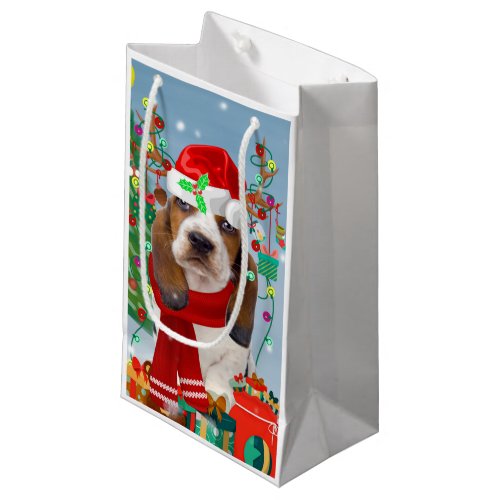 Basset Hound Dog in Snow with Christmas Gifts   Small Gift Bag