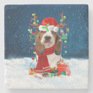 Basset Hound Dog in Snow with Christmas Gifts Stone Coaster