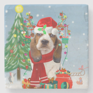 Basset Hound Dog in Snow with Christmas Gifts Stone Coaster